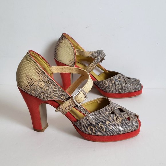 FARYLROBIN Leather Snakeskin Coral Red Suede Peep Toe Heels Anthropologie - Picture 2 of 15